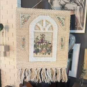 Handcrafted Floral Tapestry Wall Hanging - Cream and Green 26 x 24